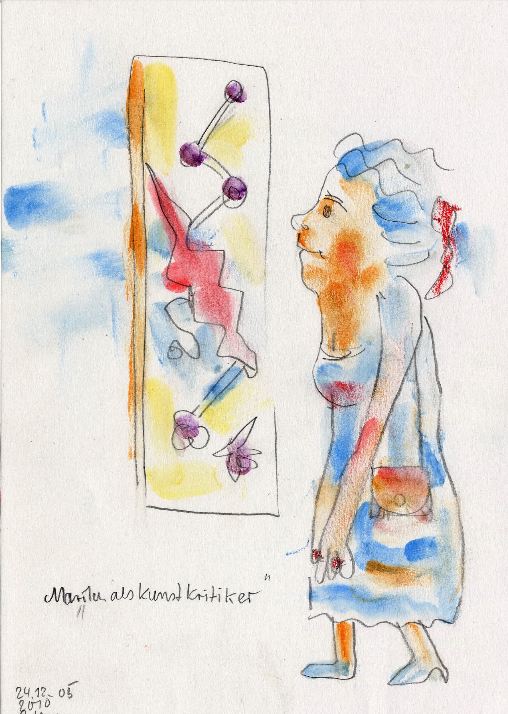Gunter Langer, Karikatur Frau, moderne Frau, Kunstkritiker, 2010, Gouache Wasserfarbe Bleistift, Karton
